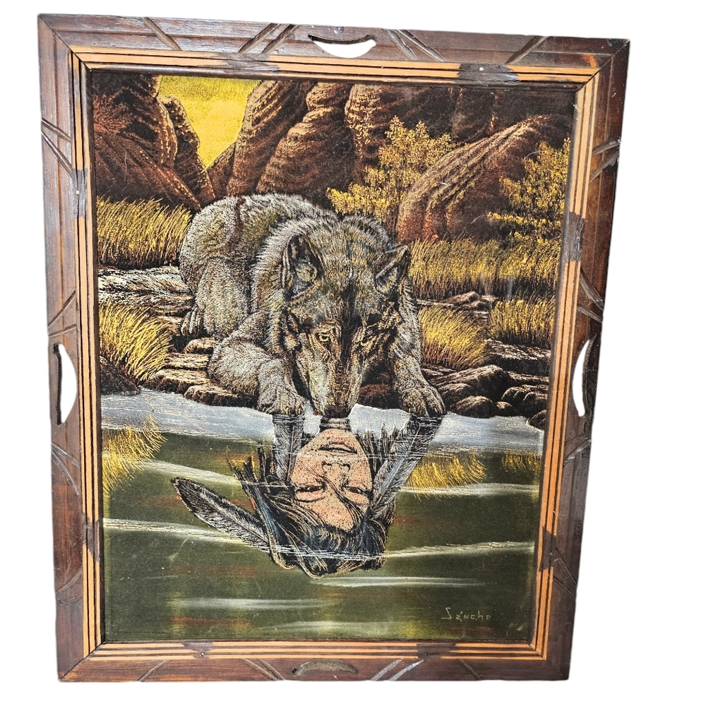 Vintage 70's ORIGINAL ACRYLIC VELVET SANCHEZ COYOTE GIRL WESTERN PAINTING Wolf